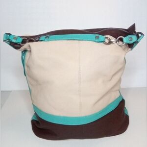 Kenneth Cole Women's Cream, Brown & Teal Hobo Handbag, Preowned, Genuine Leather
